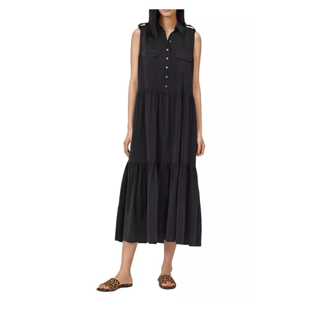 Equipment Femme Black Silk Allix Tiered Button Front Midi Dress Sz.M